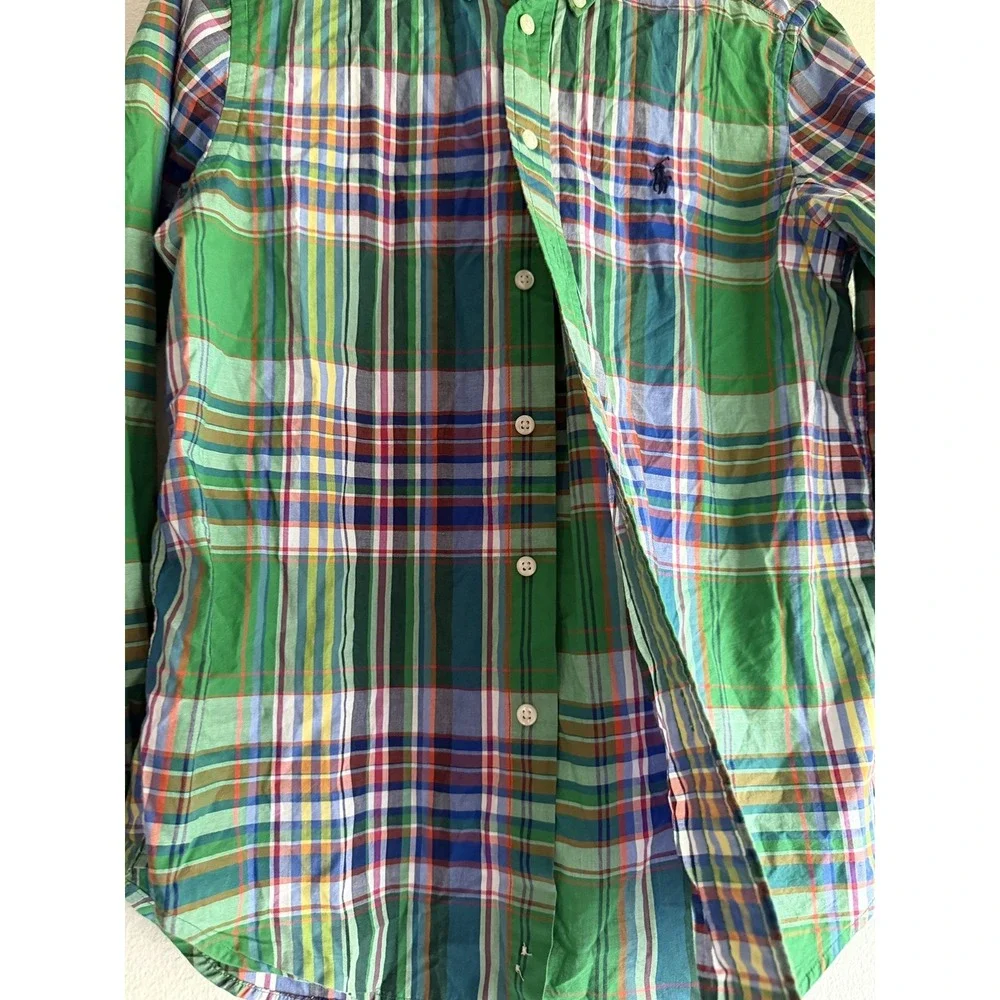 Ralph Lauren Boys Large 14/16 Green Madras Plaid Button Down Shirt Sleeve Preppy